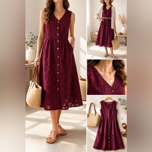 Liz Claiborne L Cotton Eyelet Button Front Midi Dress Boho Casual Floral